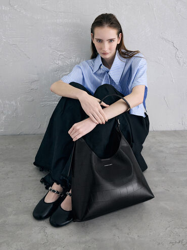 Liv Croc-Effect Hobo Bag, Noir, hi-res