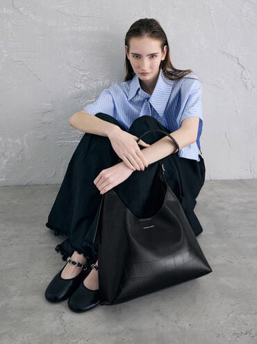 Liv Croc-Effect Hobo Bag, Noir, hi-res