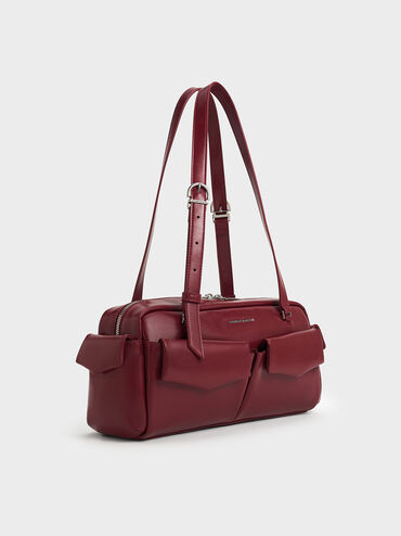 Rachel Elongated Multi-Pocket Shoulder Bag, Burgundy, hi-res