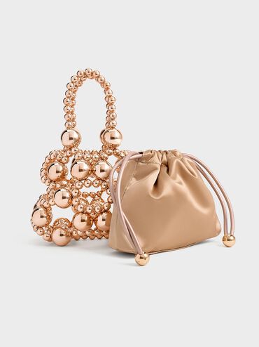 Metallic Beaded Top Handle Bag, Rose Gold, hi-res