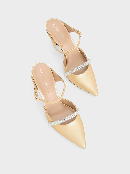 Demi Leather Gem-Embellished Heeled Mules, Gold, hi-res