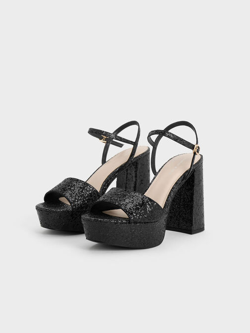 Glittered Ankle-Strap Platform Sandals, Black Textured, hi-res