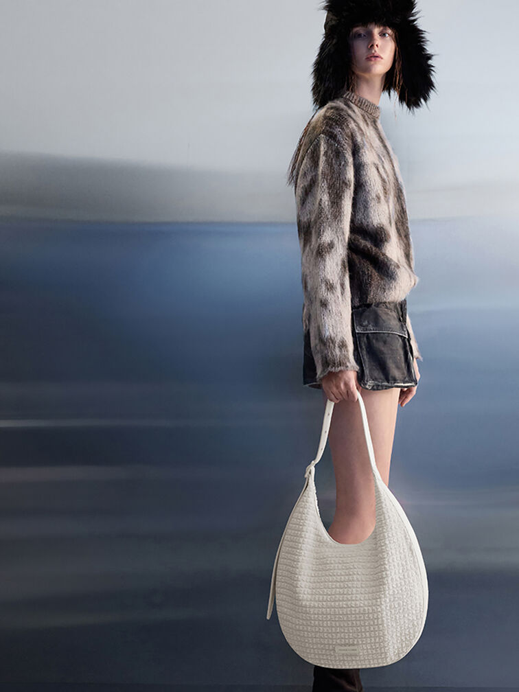 Textured Crescent Hobo Bag, Frosted White, hi-res