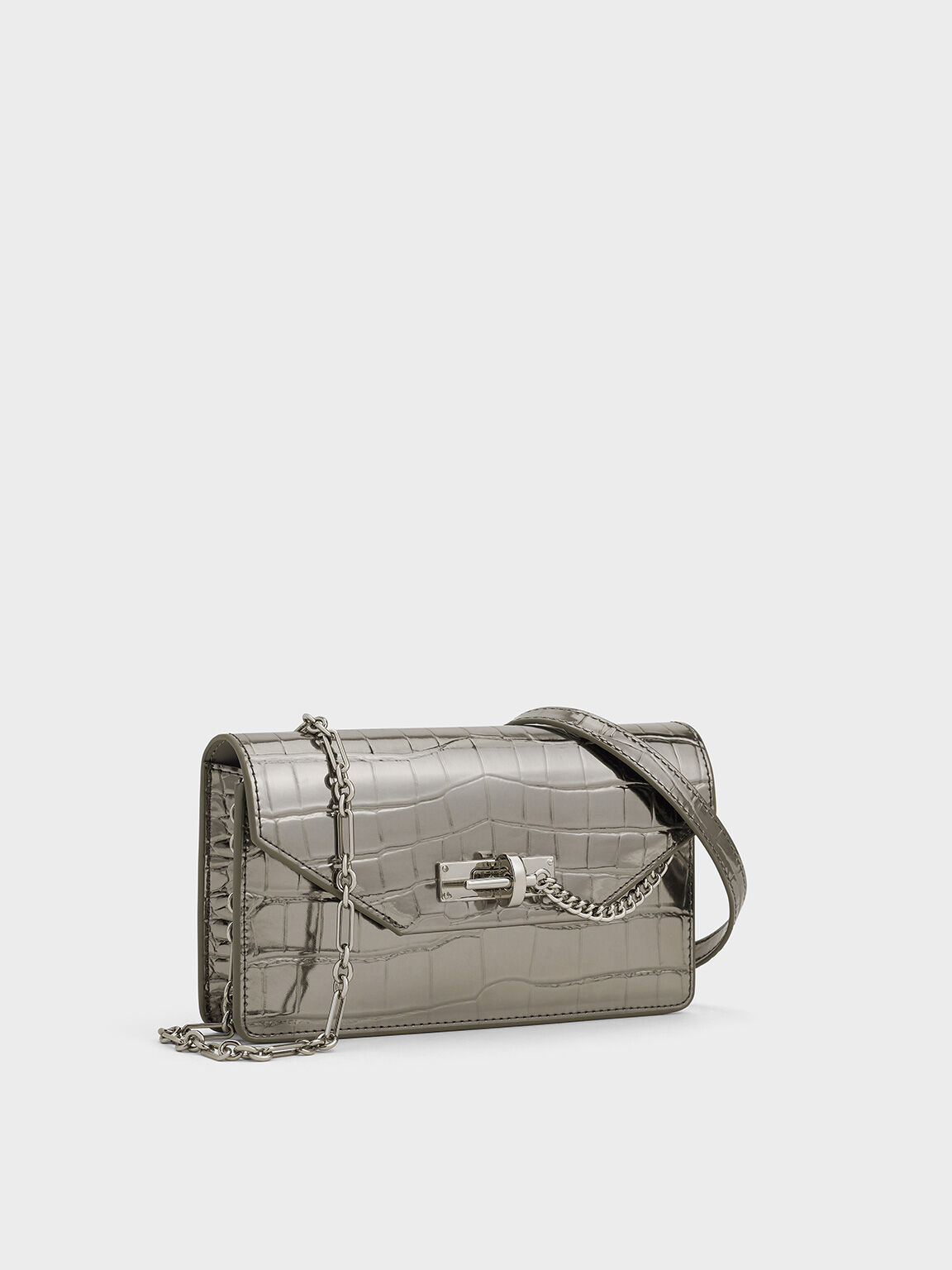 Pewter Samantha Metallic Croc-Effect Chain-Embellished