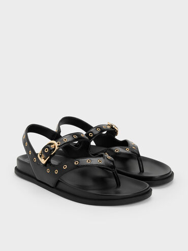 Grommet Thong Slingback Sandals, Black, hi-res