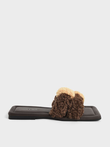 Furry Interwoven Strap Slides, Dark Brown, hi-res