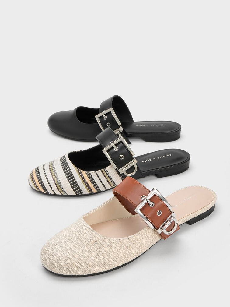 Buckled Flat Mules, Black, hi-res