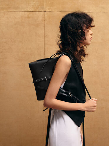 Lark Studded Belted Shoulder Bag, Noir, hi-res