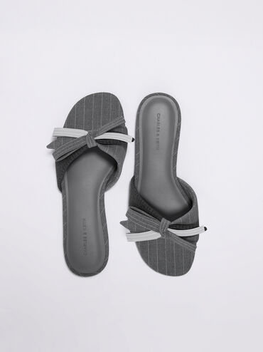 Striped Knot-Bow Slide Sandals, Grey, hi-res