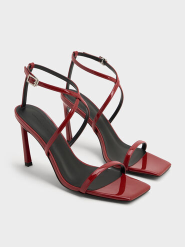 Patent Strappy Ankle-Strap Heeled Sandals, Red, hi-res