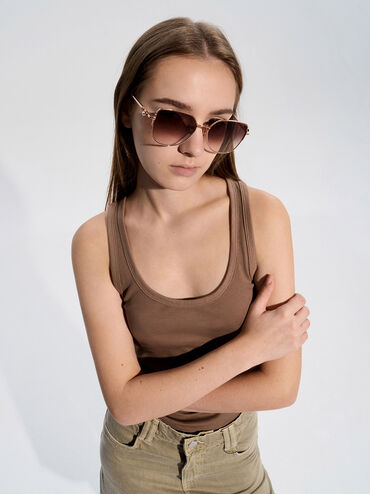 Crystal-Embellished Metal-Rim Butterfly Sunglasses, Rose Gold, hi-res