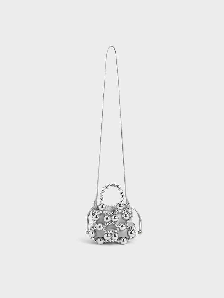 Metallic Beaded Top Handle Bag, Silver, hi-res