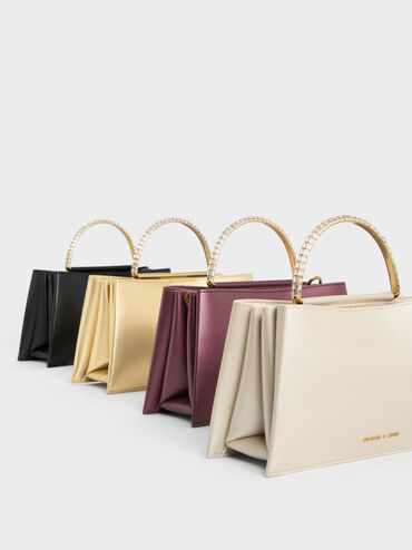 Metallic Leather Gem-Embellished Top Handle Bag, Gold, hi-res