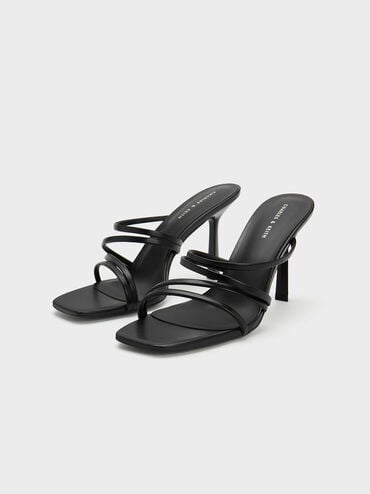 Asymmetric Square-Toe Heeled Mules, Black, hi-res