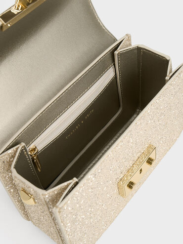 Glittered Push-Lock Chain-Handle Bag, Ivory, hi-res