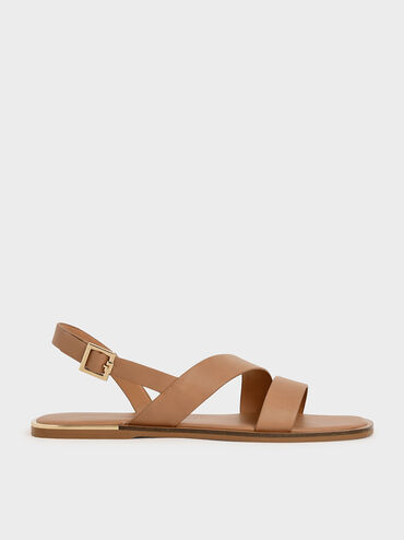 Asymmetric Strap Slingback Flats, Caramel, hi-res