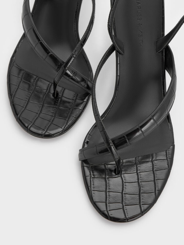 Croc-Effect Stiletto Slingback Thong Sandals, Animal Print Black, hi-res