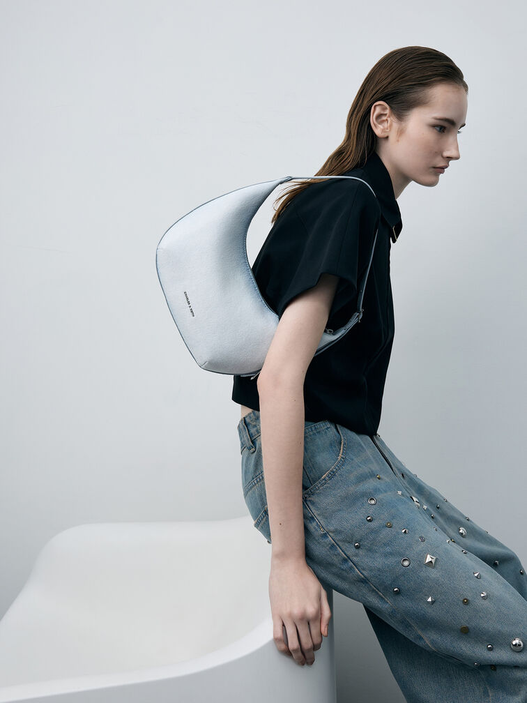 Bryna Denim Curved Hobo Bag, Light Washed Denim, hi-res