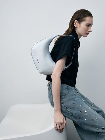 Bryna Denim Curved Hobo Bag, Light Washed Denim, hi-res