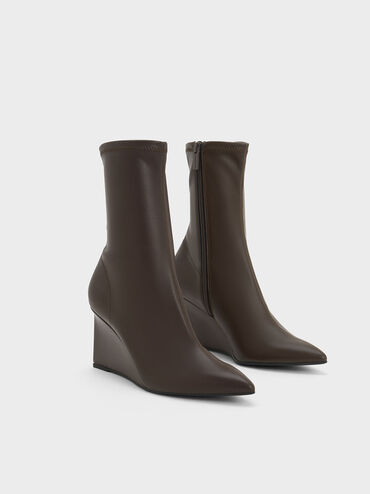 Pointed-Toe Wedge Ankle Boots, Dark Brown, hi-res