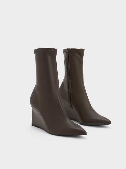 Pointed-Toe Wedge Ankle Boots, Dark Brown, hi-res