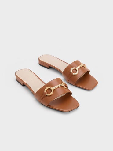 Metallic Bar Slide Sandals, Cognac, hi-res