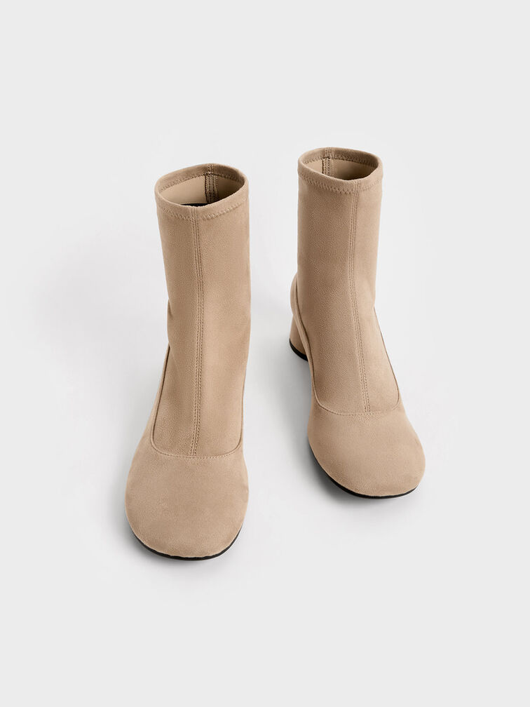 Textured Stitch-Trim Cylindrical Heel Ankle Boots, Beige, hi-res