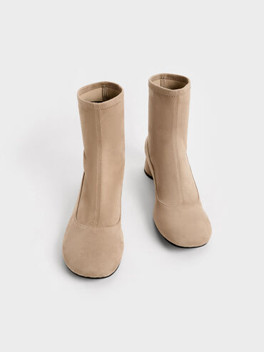 Textured Stitch-Trim Cylindrical Heel Ankle Boots, Beige, hi-res