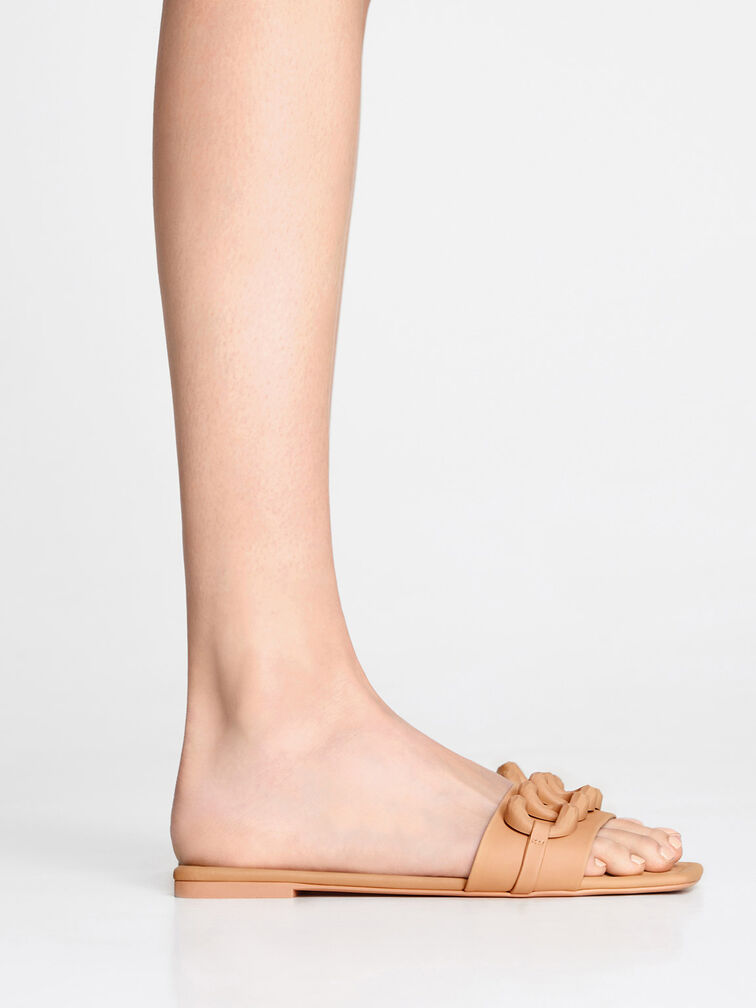 Chunky Chain-Link Slide Sandals, Camel, hi-res