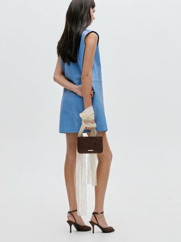 Jennis Lace & Satin Top Handle Bag, Dark Brown Textured, hi-res