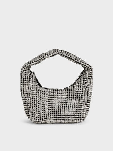 Crystal-Embellished Hobo Bag, Silver, hi-res