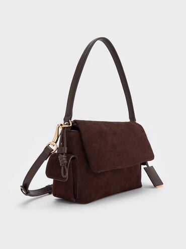 Khai Recycled Suede Ruched-Flap Side-Pocket Top Handle Bag, Espresso Brown, hi-res