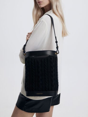 Apolline Textured Knit Bucket Bag, Black, hi-res