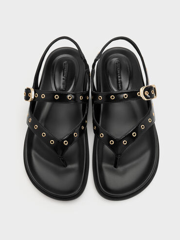 Grommet Thong Slingback Sandals, Black, hi-res