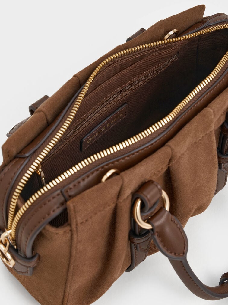 Britton Recycled Suede Ruched Top Handle Tote Bag, Mocha Brown, hi-res
