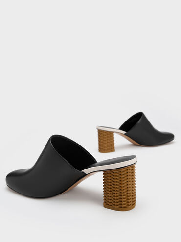 Rattan Block Heel Mules, Black, hi-res