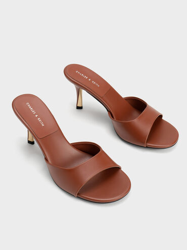 Round-Toe Sculptural Heel Mules, Brown, hi-res