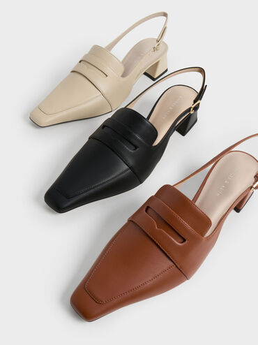 Tapered Square-Toe Slingback Pumps, Cognac, hi-res