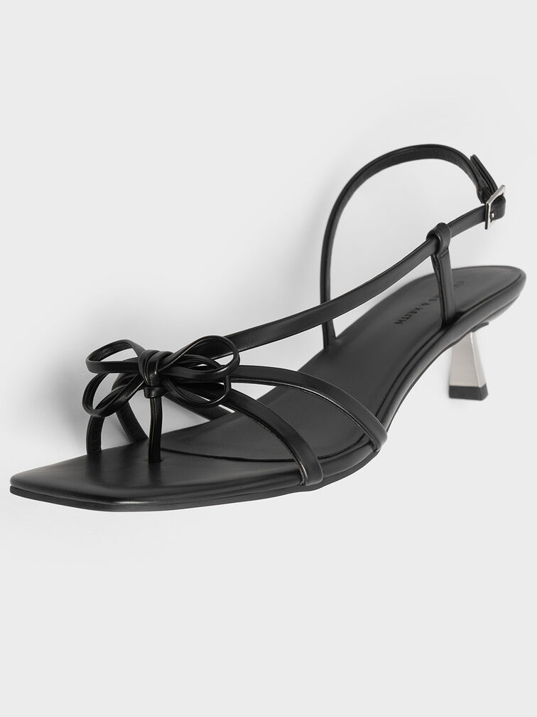 Bow Strappy Heeled Thong Sandals, Black, hi-res