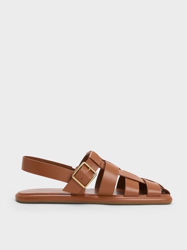 Metallic Buckle Caged Slingback Sandals, Cognac, hi-res