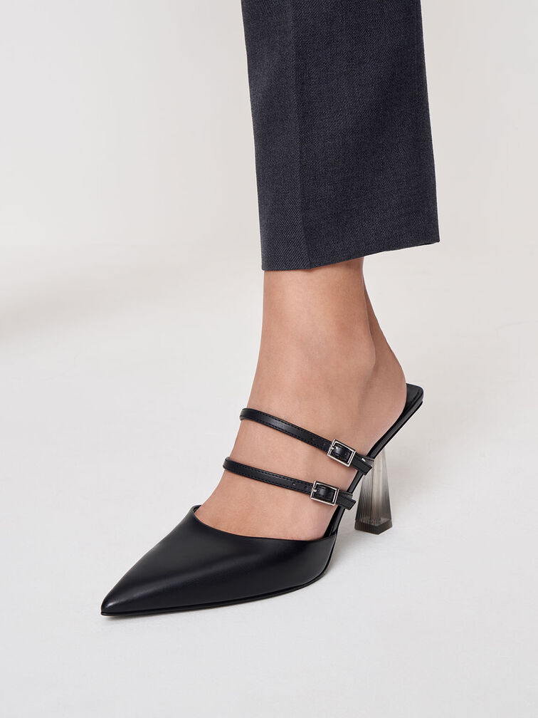 Strappy Slant Heel Mules, Black, hi-res