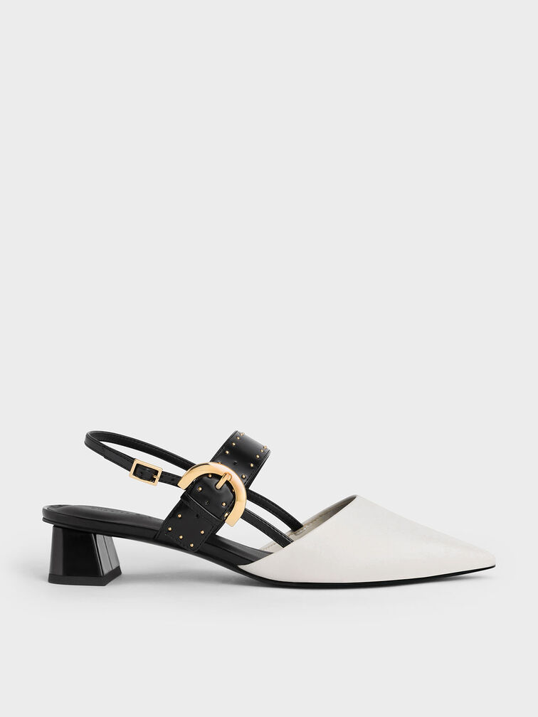 Studded Buckled Slingback Pumps, Chalk, hi-res