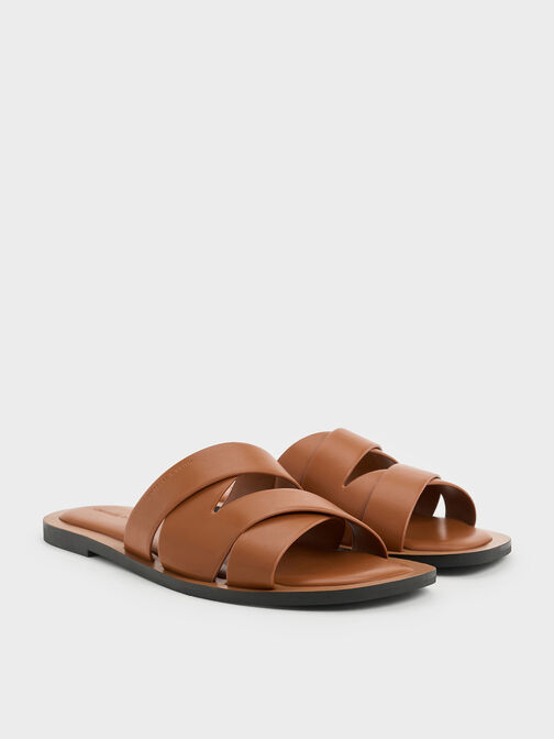 Strappy Crossover Slide Sandals, Cognac, hi-res