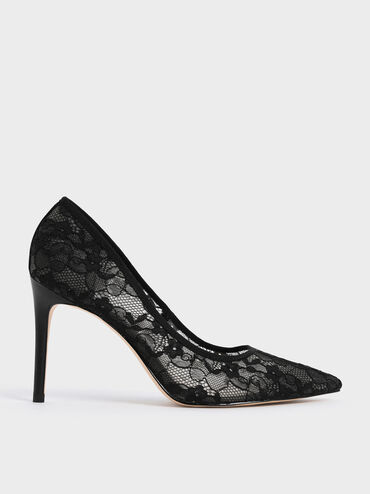 Lace Stiletto Pumps, Black, hi-res