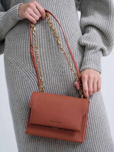 Front Flap Chain Handle Crossbody Bag, Brick, hi-res
