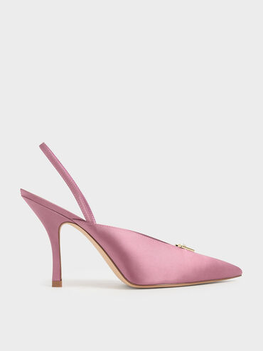 Satin Embellished Slingback Heels, Pink, hi-res