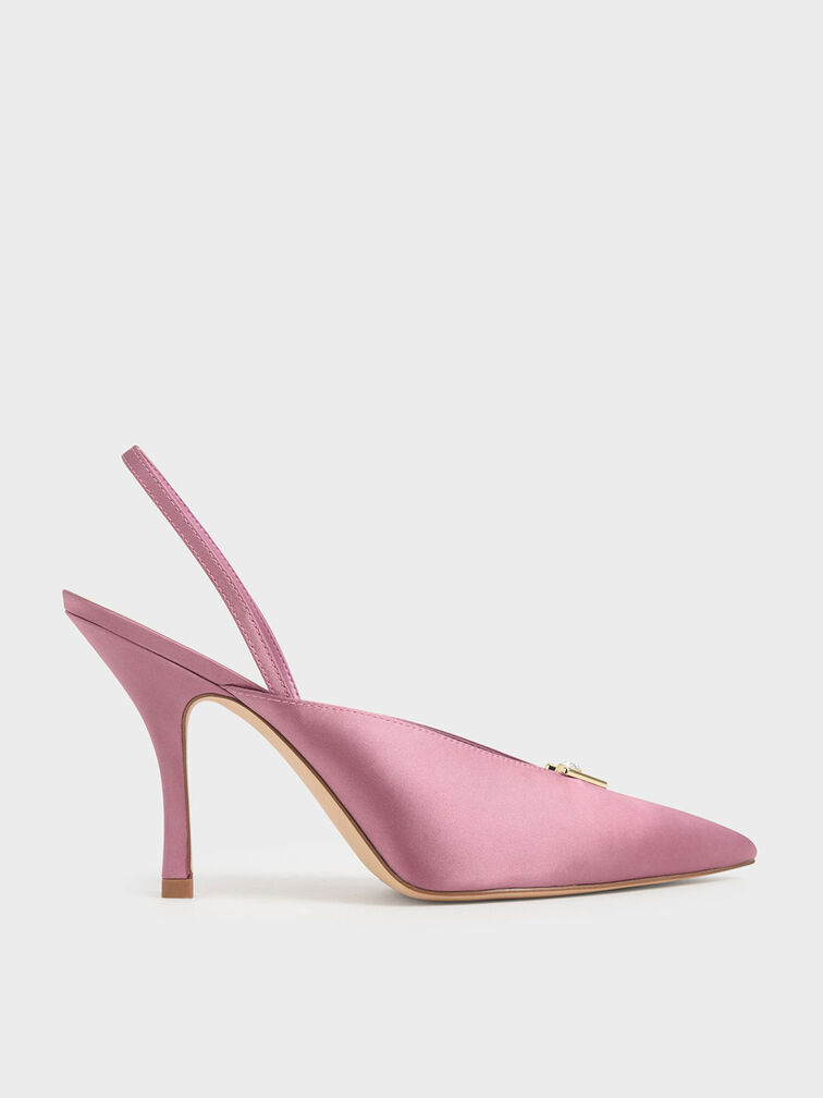 Satin Embellished Slingback Heels, Pink, hi-res