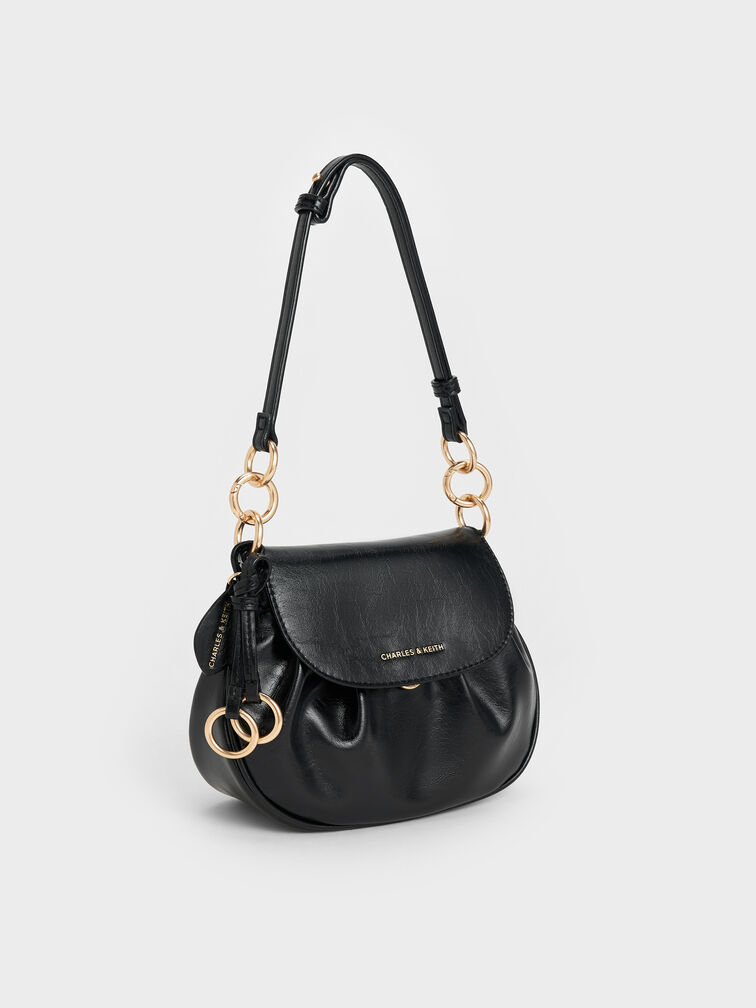 Britton Crinkle-Effect Ruched Saddle Bag, Black, hi-res