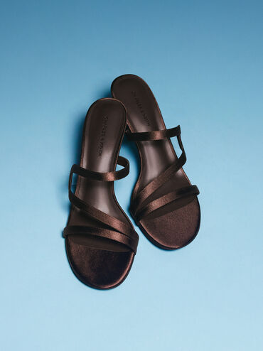 Arden Satin Wavy Heeled Mules, Dark Brown Textured, hi-res