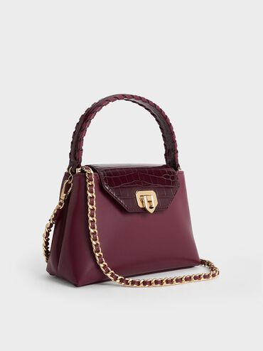 Arwen Croc-Effect Braided-Strap Top Handle Bag, Burgundy, hi-res